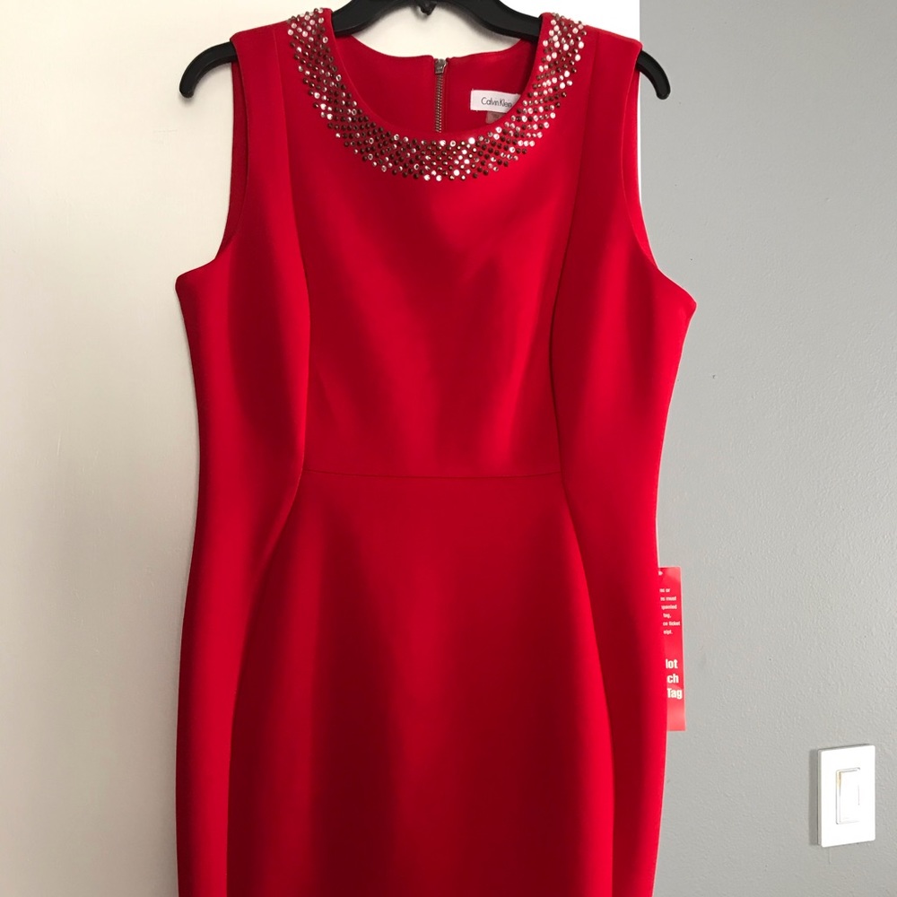 Calvin Klein Dress (Size 12), embellished collar, stretch fabric, knee length
